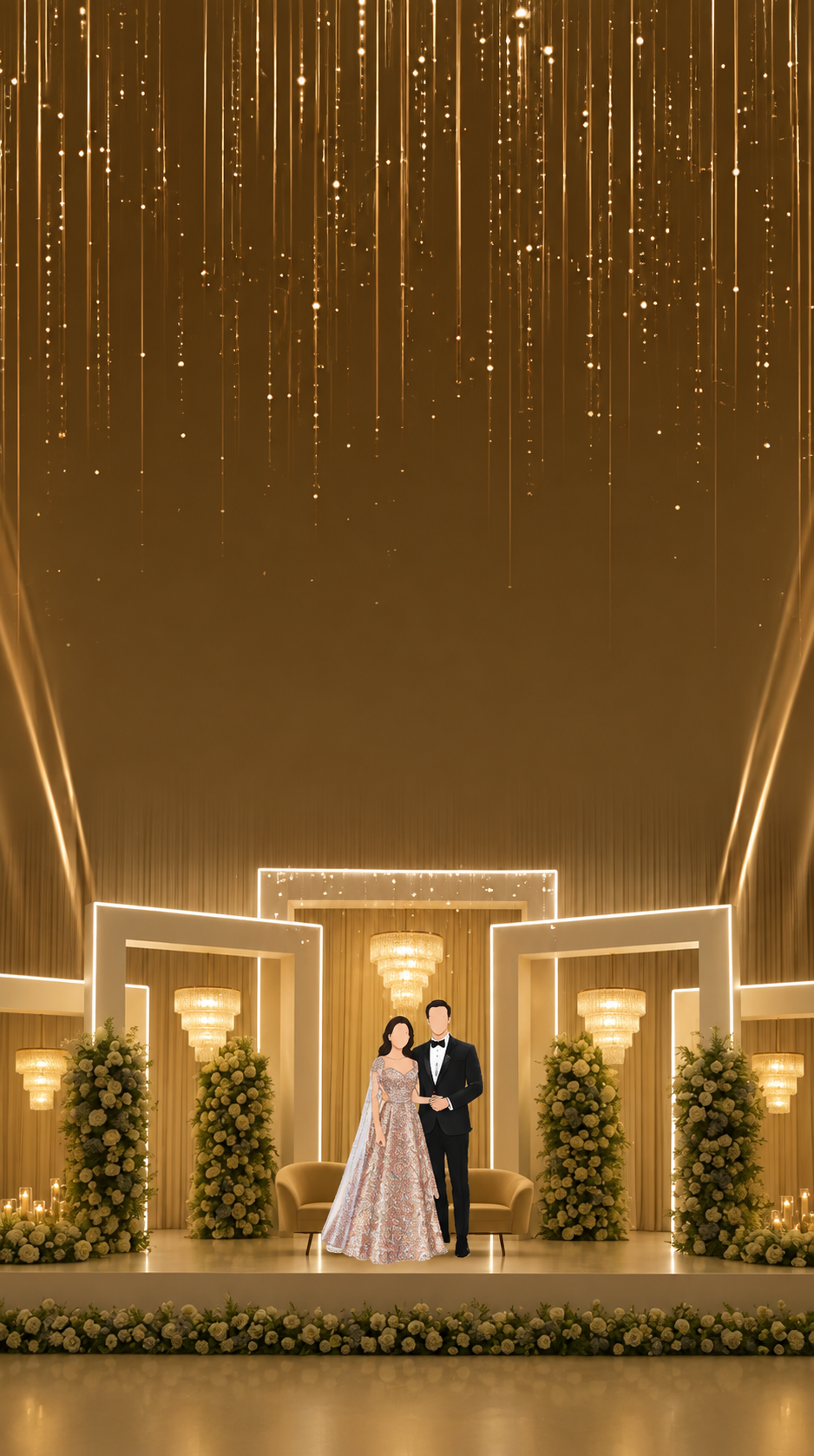 Golden reception hall with illuminated arches, ivory floral pillars and cascading light